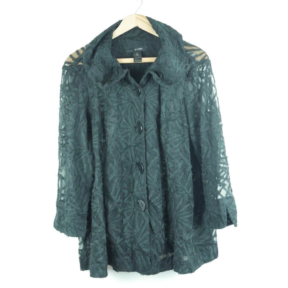 Ali Miles 2X‎ Jacket Sheer Black Artsy Lagenlook Art to Wear Trapeze Hem Boho